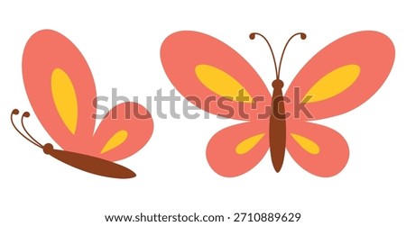 Cute illustrations of vibrant butterflies with a red and yellow wings and brown body in two different poses. Flat vector illustrations isolated on a white background.