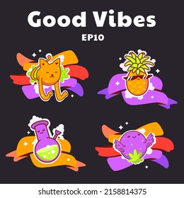 Cutas ilustraciones de los personajes de hierba o marihuana. Ilustraciones del vector de cannabis de dibujos animados para su logotipo, diseño de etiquetas, pegatinas y empresas o marcas comerciales de publicidad.