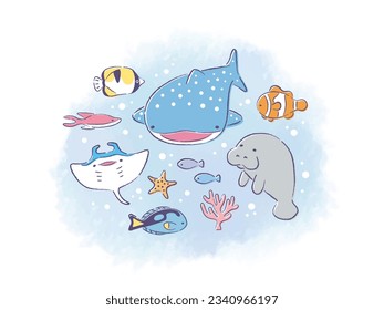 Cute illustrations of whale sharks, manta rays, and manatees.