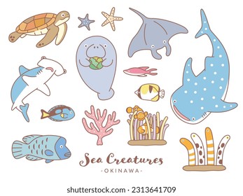 Cute illustrations of whale sharks, sea turtles, manatees, etc.