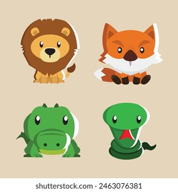 Lindas ilustraciones Animales Salvajes León, Zorro, Cocodrilo y serpiente