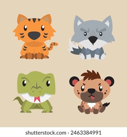 Cute illustrations Wild Animals Tigers, Wolves, Komodo Dragons, and Hyenas