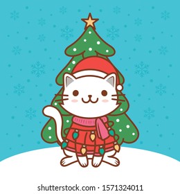 A cute illustrative design/ illustration of an adorable cat in christmas season. Ideal as stickers & t-shirts. This design is perfect for animals lovers, chibi & kawaii art fans.