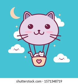 A cute illustrative design/ illustration of an adorable cat sleeping in a air balloon cat. Ideal as stickers & t-shirts. This design is perfect for animals lovers, chibi & kawaii art fans.