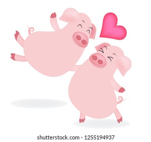 The Cute Illustrator of Two Lovely Pigs Dancing and Kissing Together with Big Valentine Heart.