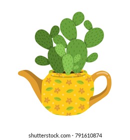 cute illustrqation of colorful cacti into teapot. can be used like stickers, patches, or for greeting cards template or poster