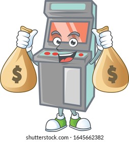 Una linda imagen del personaje de una máquina de juegos de arcade sosteniendo bolsas de dinero