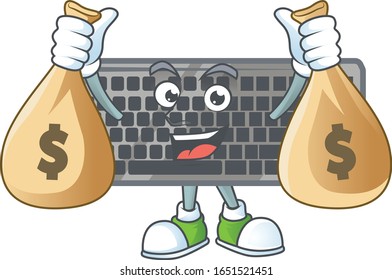 A cute image of black keyboard cartoon character holding money bags
