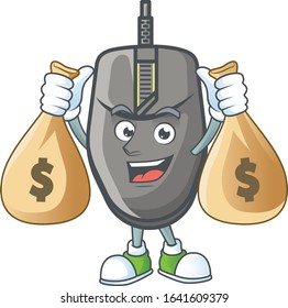 A cute image of black mouse cartoon character holding money bags