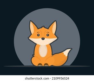 A cute image of a cartoon red fox. A simple picture of a sitting animal. Vector illustration on a dark circle background.