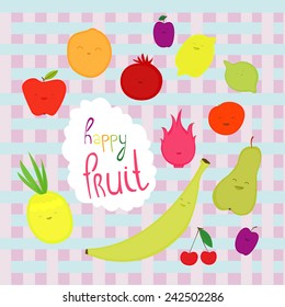 Cute image with cheerful fruit. Vector illustration on the cell background.