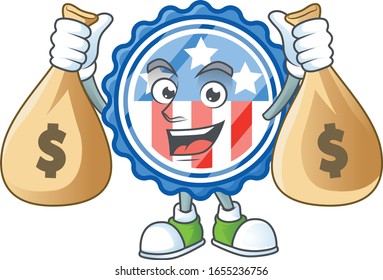 A cute image of circle badges USA with star cartoon character holding money bags