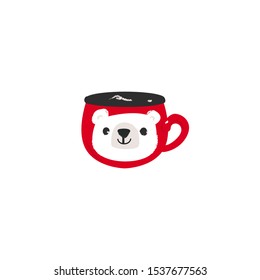 Cute image of a cup with face of polar white bear flat cartoon vector illustration isolated on white background. Funny element for Christmas holidays winter design.
