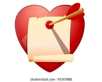Cute image of cupids toy arrow pinning a script paper ready for personal message.   Includes transparency on shadows and inner glow around heart background.
