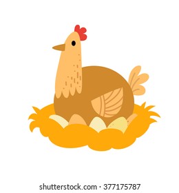 Cute image of an egg-laying hen on a pile of chicken eggs in a nest