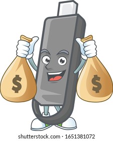 A cute image of flashdisk cartoon character holding money bags