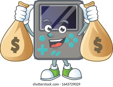 Una imagen linda del personaje de la consola de juegos sosteniendo bolsas de dinero