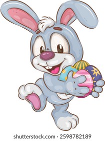 Cute image of a Happy Easter Bunny with Painted Eggs in his paws. Positive and unique design. Easter bunny mascot. 