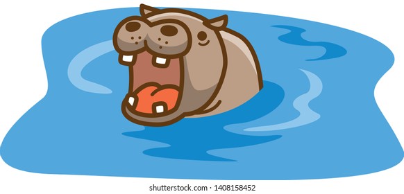 Cute image illustration of hippo entering the pond