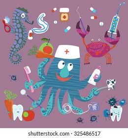 Cute image for kids about healthy and diseased teeth. Dentists in a funny and kind of marine life. Cheerful set for pediatric dentistry.