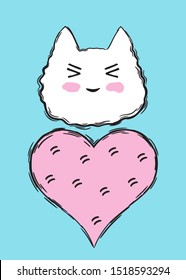 Cute image for kids: cat and heart. Vector. Anime eyes. White cat.