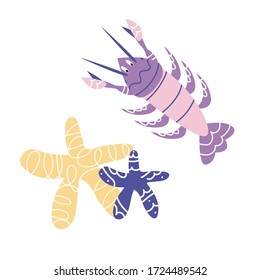 A cute image of lobster and two starfish. Vector graphics. For printing on children's t-shirts, albums, toys.