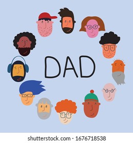 una linda imagen de hombres de diferente carácter, inicialidad y estilos en un círculo, una brillante ortografía de la vida y la inscripción de los padres en el centro