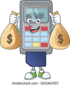 A cute image of POS machine cartoon character holding money bags