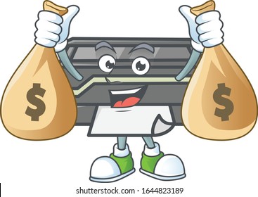 Una linda imagen del personaje de la caricatura de una impresora sosteniendo bolsas de dinero