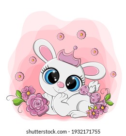 Cute image of a rabbit with a crown on its head and a bow on its tail. Vector illustration is made in kawaii style, the animal has big eyes and a sweet smile.