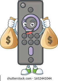 A cute image of remote control TV cartoon character holding money bags
