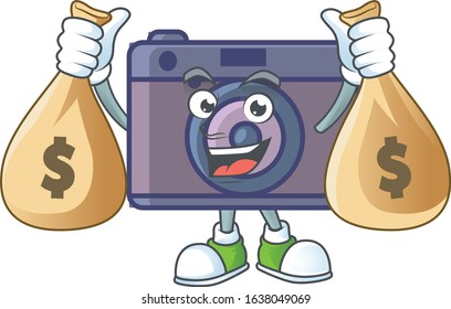 A cute image of retro camera cartoon character holding money bags