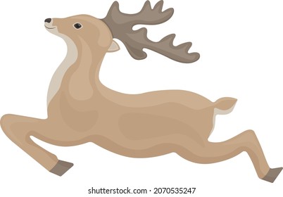 Cute image of a running deer with big horns. Santa Claus Christmas reindeer in cartoon style. Vector illustration isolated on a white background