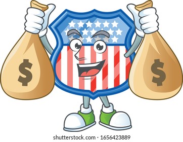 A cute image of shield badges USA cartoon character holding money bags