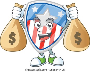 A cute image of shield badges USA with star cartoon character holding money bags