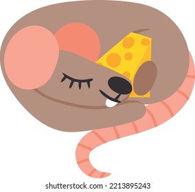Cute image of sleeping rat with cheese in paws. Vector illustration isolated on white background. Design element for menu posters stationery websites. Flat. Cartoon mouse.