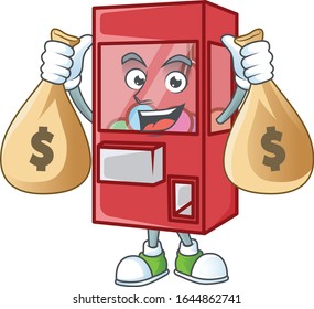A cute image of toy claw machine cartoon character holding money bags