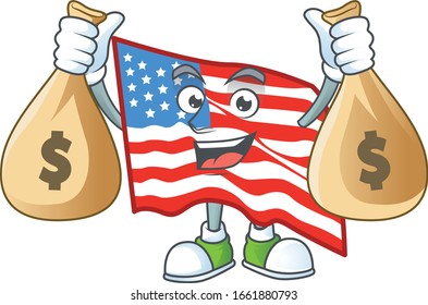 Una linda imagen del personaje de la caricatura de la bandera de Estados Unidos sosteniendo bolsas de dinero