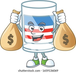A cute image of USA stripes glass cartoon character holding money bags
