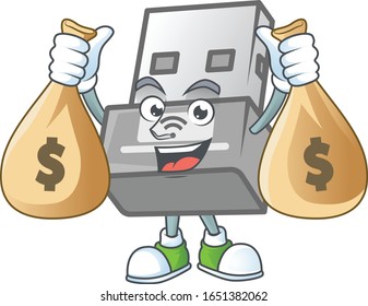 A cute image of USB wireless adapter cartoon character holding money bags