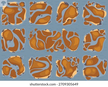 Cute imaginary autumn island map set. Vector handdrawn illustrations