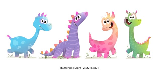Personajes lindos de dinosaurios imaginarios para niños. Divertidos dibujos animados de dinosaurios de fantasía de colores brillantes para niños pequeños. Dibujos animados del arte del Clip de los personajes lindos del Vector del dinosaurio para los niños y los niños.