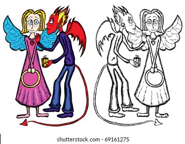Cute imp giving a present to a sweet angel who is holding her nimbus in her arms. Kind of temptation. Imp, bw imp, angel and bw angel are on different layers.