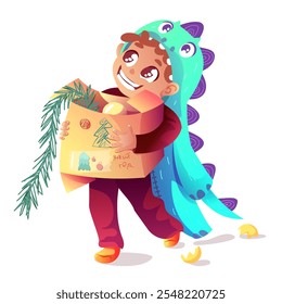 Cute impatient boy in a dinosaur costume carries a New Year's box with a Christmas tree, garland and balls