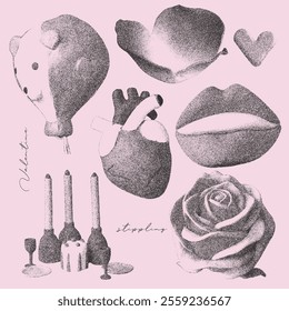 Cute imperfect romantic Elements set with a retro photocopy effect. Childish valentine's day concept. Human heart, balloon and lips 3d naive elements. Grain effect and stippling. Vector