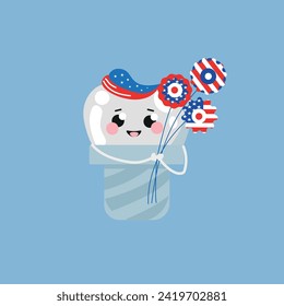 Cute implant tooth with flowers in colors of USA flag on blue ba