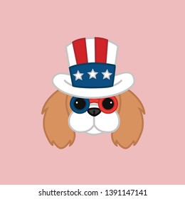 Cute Independence Day of 4th July Blenheim Cavalier King Charles Spaniel Head Wears Uncle Sam's Hat Cartoon Vector Illustration