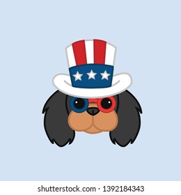 Cute Independence Day of 4th July Black and Tan Cavalier King Charles Spaniel Head Wears Uncle Sam's Hat Cartoon Vector Illustration