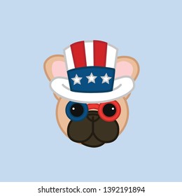 Cute Independence Day of 4th July Fawn French Bulldog Head Wears Uncle Sam's Hat Cartoon Vector Illustration