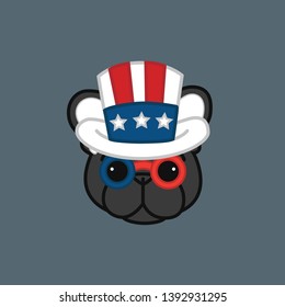 Cute Independence Day of Fourth July Black Coat French Bulldog Head Wears Uncle Sam's Hat Cartoon Vector Illustration